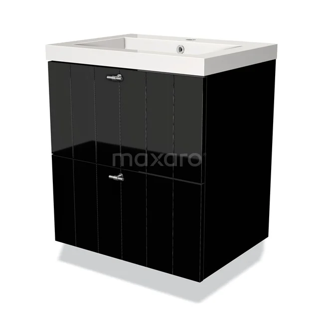Black bathroom cabinet with glossy finish, two drawers and built-in white ceramic basin, modern design.