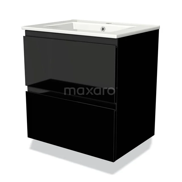 Modulo Vanity units with basin | 60 cm High-gloss black Handle-less front Ceramic 2 Stacked drawers BMW17-00089 Black, glossy bathroom unit with rectangular ceramic basin and two drawers; modern and stylish storage solution.