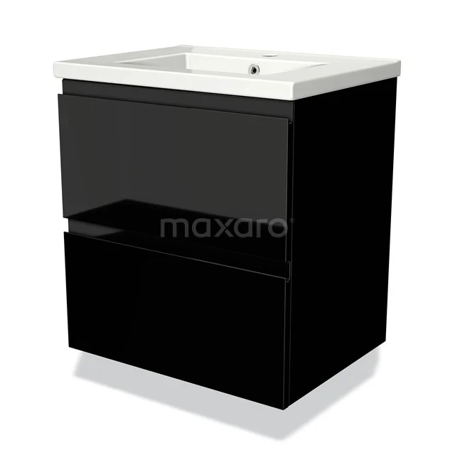 Black glossy bathroom unit with two drawers and white ceramic basin, modern design ideal for a sleek bathroom style.