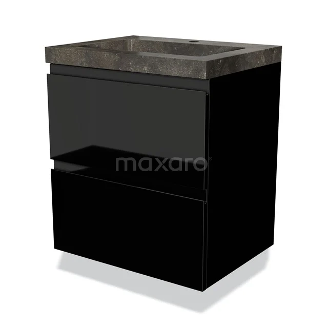 Modulo Waschtische | 60 cm Hochglanz Schwarz Grifflos front Naturstein 2 übereinanderliegende Schubladen BMW17-00094 Schwarzer Badschrank mit zwei Schubladen, glänzender Oberfläche und einer dunklen Steinwaschtischplatte, kompaktes und modernes Design.
