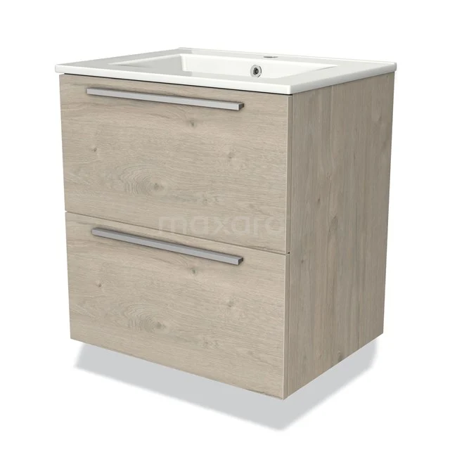 Houten badkamermeubel met twee lades, licht eiken, inclusief keramische wastafel, modern ontwerp en metalen handgrepen.