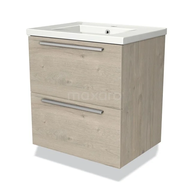 Hangend badkamermeubel licht eikenhout met twee lades en wit keramische wastafel, modern design voor een stijlvolle badkamer.