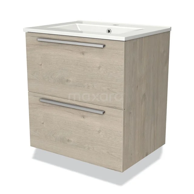 Houten badkamermeubel met wasbak, 2 lades en zilverkleurige grepen, licht eiken afwerking voor een moderne badkamerstijl.