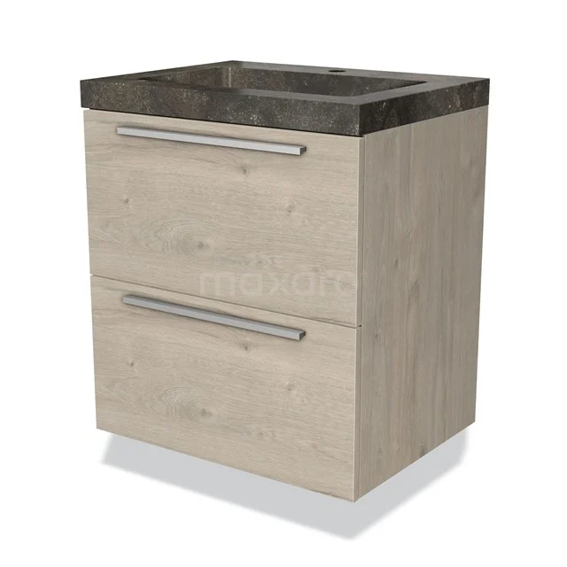 Badkamermeubel met twee ladekasten, houtlook onderkast en donker marmeren wastafelblad, modern ontwerp voor stijlvolle badkamers.
