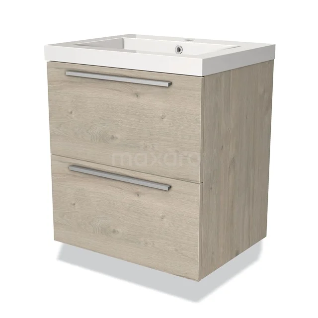 Houten badkamermeubel met twee schuifladen, wit wastafelblad en moderne metalen grepen, ideaal voor een stijlvolle badkamer.