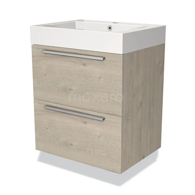 Holz Badezimmermöbel mit zwei Schubladen, heller Eiche Optik, und keramischem Waschbecken, ideal für kompakte Bäder.