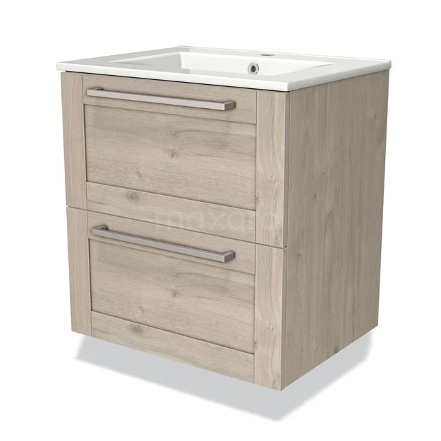 Houten badkamermeubel met twee lades, licht eiken kleur, witte keramische wastafel, ideaal voor compacte badkamers.