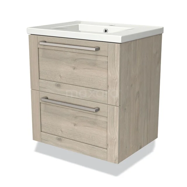 Houten badkamerkast met twee metalen lades en witte wastafel, perfect voor een moderne badkamerinrichting.
