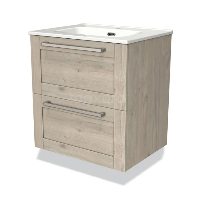 Houten badkamermeubel met wasbak, licht eiken, twee lades met metalen handgrepen, ideaal voor moderne badkameropslag.