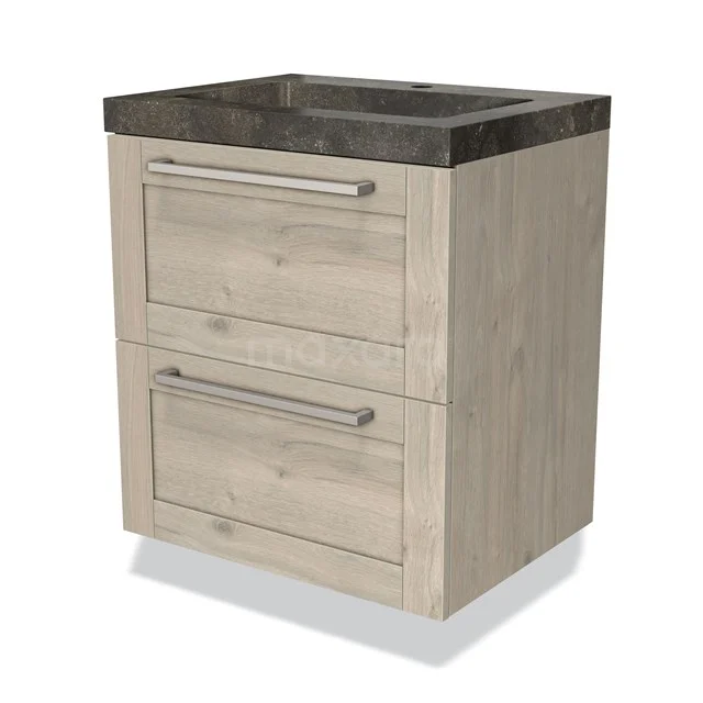 Wooden bathroom unit with two drawers and a dark grey vanity units with basin, modern design of the Nature Oak series.