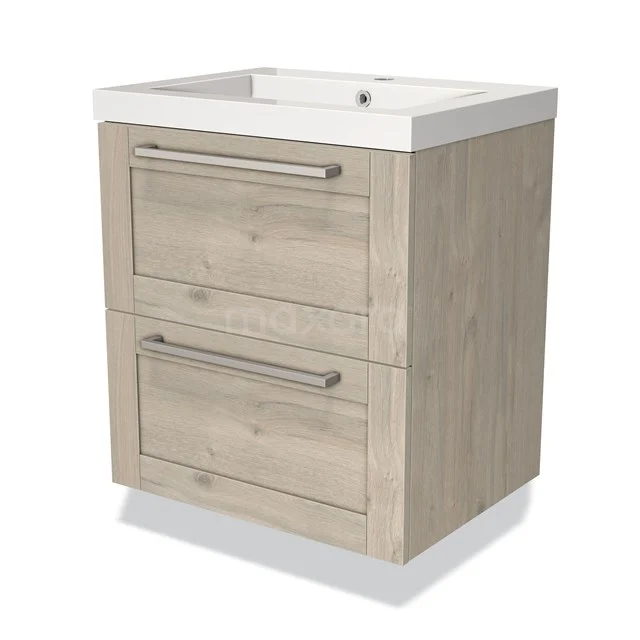 Houten wastafelmeubel met twee laden, lichte eikenlook, voorzien van geïntegreerde wastafel, ideaal voor een moderne badkamer.