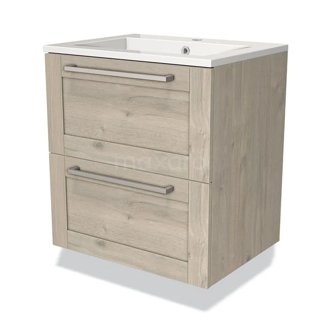 Houten badkamermeubel met witte wastafel, 2 lades en strak design, ideaal voor moderne badkamers.