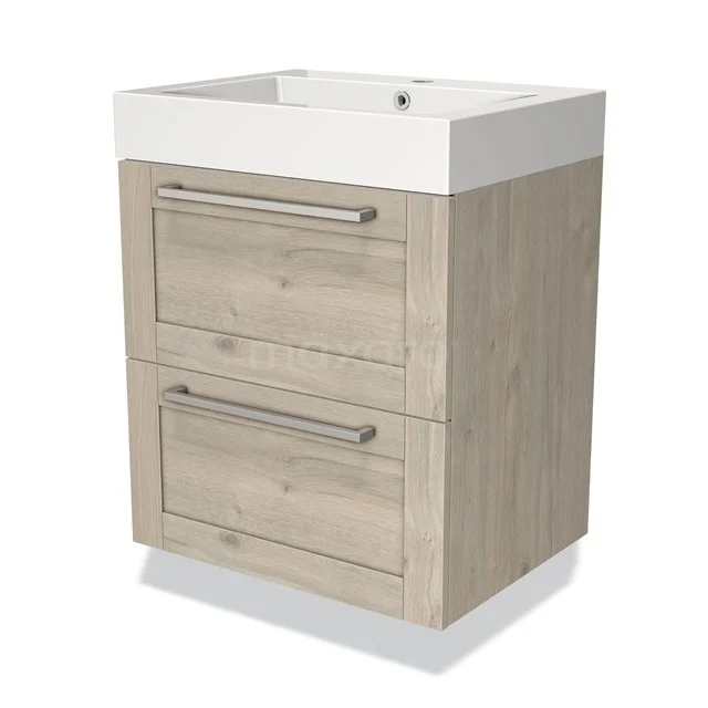 Houten badkamermeubel met twee lades, licht eiken kleur, wit keramische wastafel en metalen grepen. Compact en modern design.