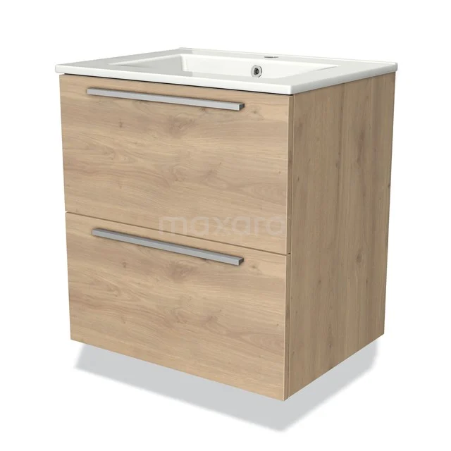 Houten badkamermeubel met twee lades, natuurlook, metalen handgrepen en geïntegreerde witte wastafel.