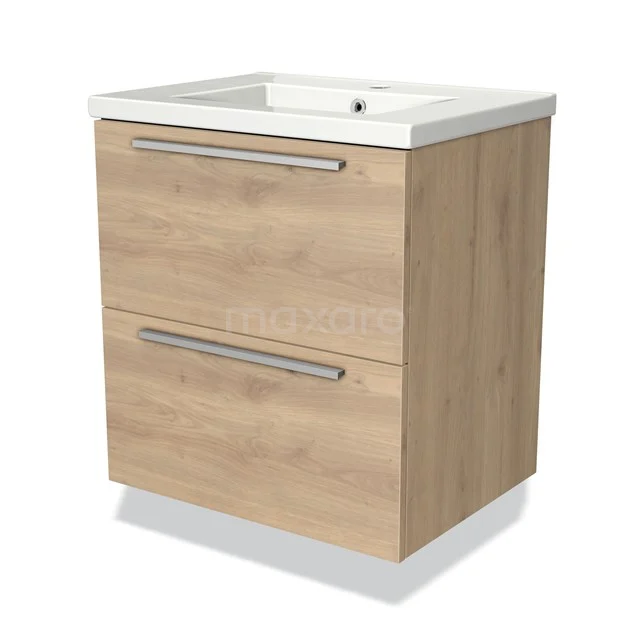 Houten badkamermeubel met wastafel, licht eiken kleur, 2 lades met metalen handgrepen, modern design, ideaal voor kleine badkamers.
