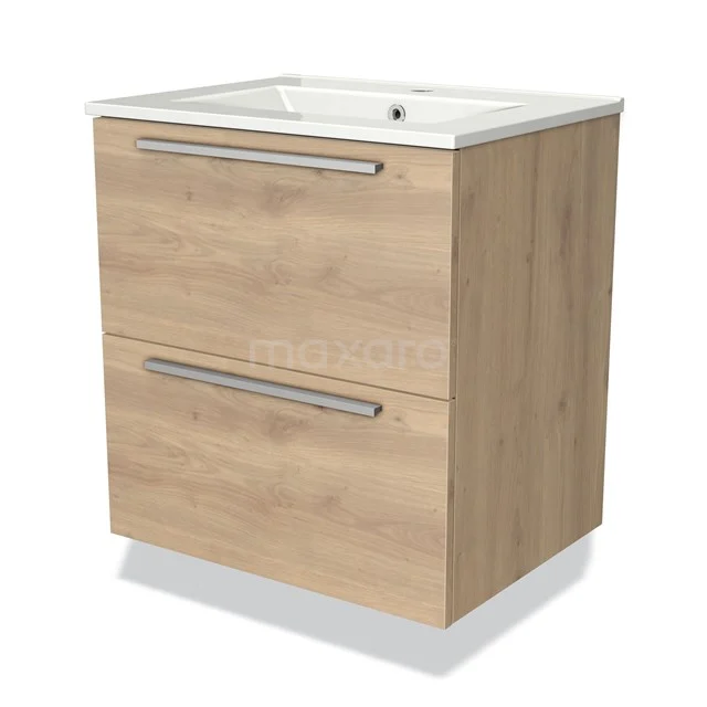 Houten badkamermeubel met twee lades, geïntegreerde wastafel en moderne metalen handgrepen, ideaal voor stijlvolle opbergruimte.