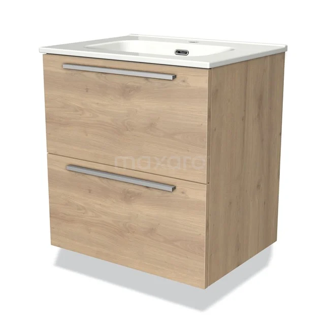 Houten badkamermeubel met twee lades, metalen handgrepen en een wit keramieken wastafelblad.