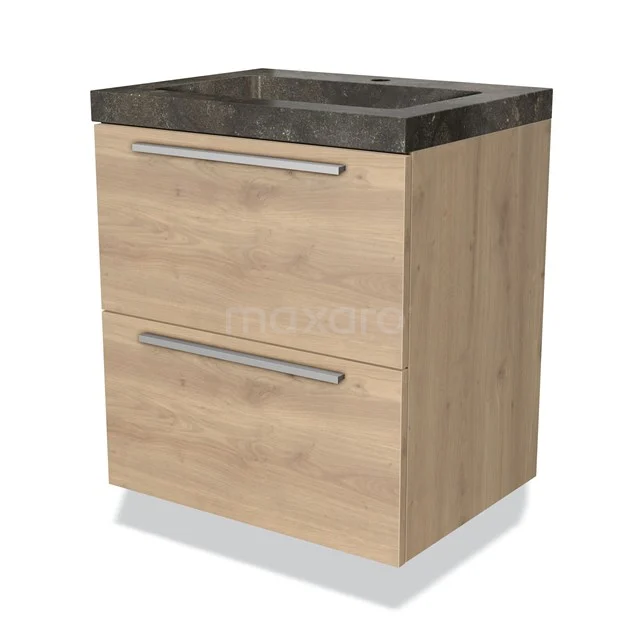 Houten badkamermeubel met twee lades, natuursteen wastafel en moderne handgrepen, compact design voor kleine badkamers.