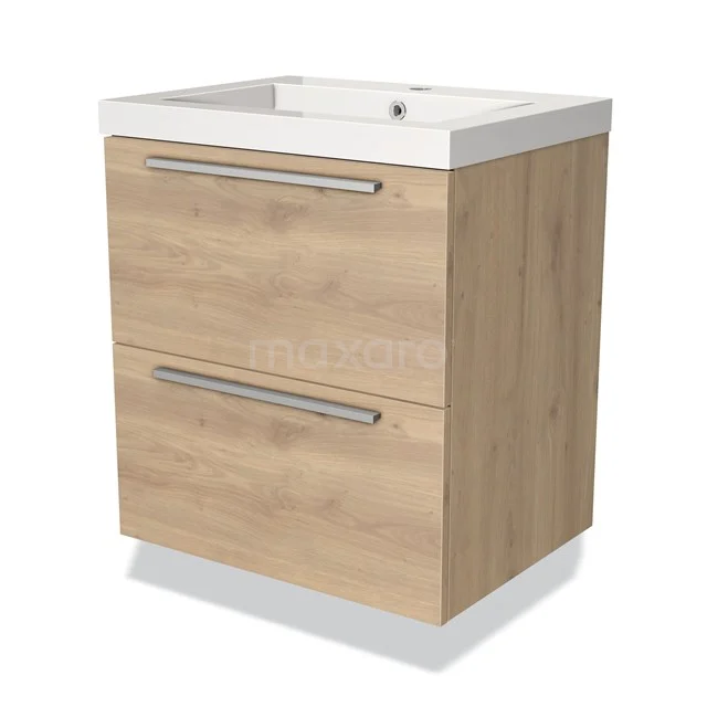 Houten badkamermeubel met twee lades en witte wastafel, compact design voor moderne badkameropstelling.