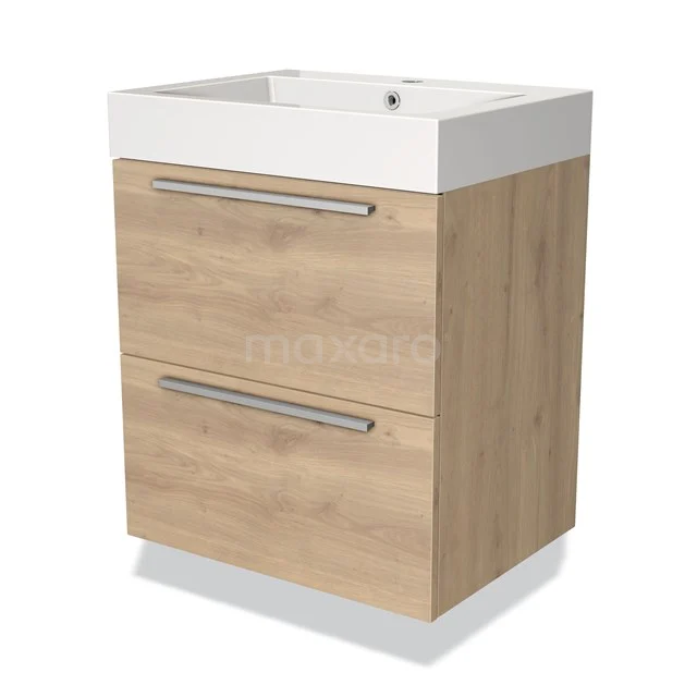 Houten badkamermeubel met twee lades, wit keramische wastafel en moderne metalen grepen, ideaal voor elk badkamerinterieur.