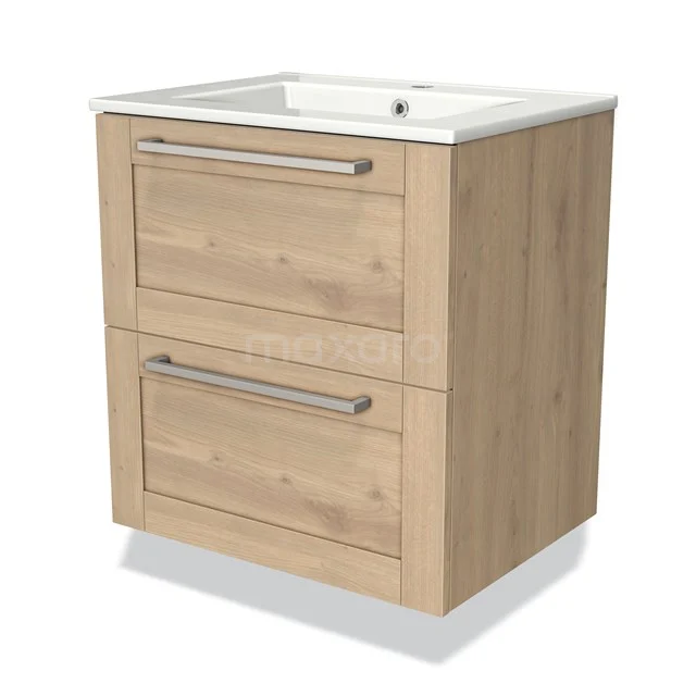Houten badkamermeubel met twee lades, wit wastafelblad, moderne handgrepen, ideaal voor opbergruimte in de badkamer.