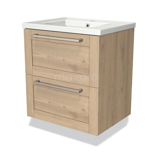 Houten wastafelmeubel met 2 lades, natuurhout-look, metalen grepen en ingebouwde keramische wastafel, ideaal voor de badkamer.