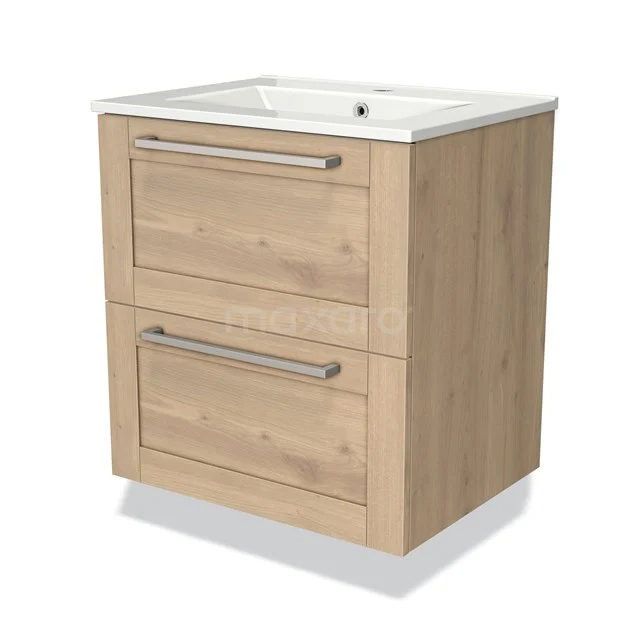 Houten badkamermeubel met wastafel, 2 lades en metalen handgrepen; modern design, ideaal voor een praktische badkamer.
