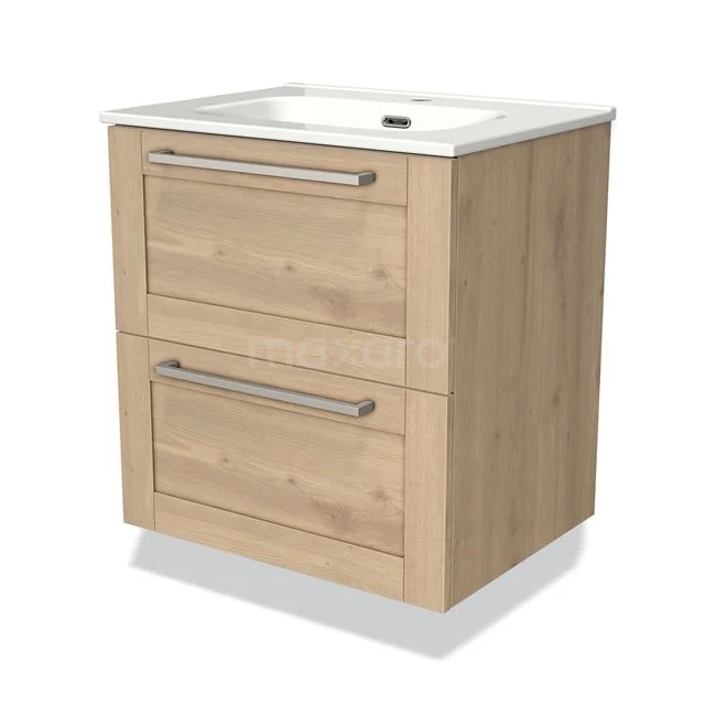 Bathroom unit with sink, wood-look design, 2 spacious drawers, metal handles, ideal for compact bathrooms.