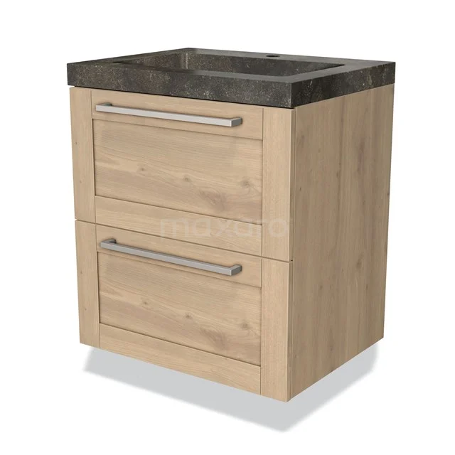 Wooden bathroom unit with two drawers, light oak finish and dark natural stone worktop, perfect for modern bathrooms.