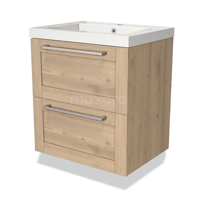 Houten badkamermeubel met twee lades en witte wastafel, modern design, ideaal voor opbergen in een stijlvolle badkamerinrichting.