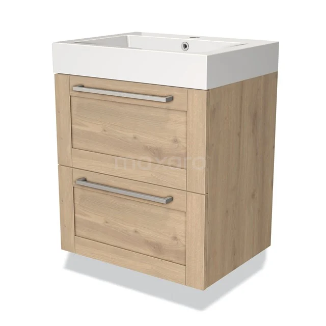 Houten wastafelonderkast met 2 lades en ingebouwde witte wasbak, ideaal voor een moderne badkamer inrichting.