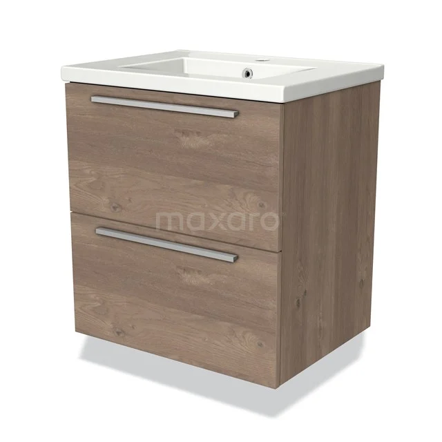 Houten badkamermeubel met twee lades en witte keramische wastafel, compact ontwerp ideaal voor moderne badkamers.