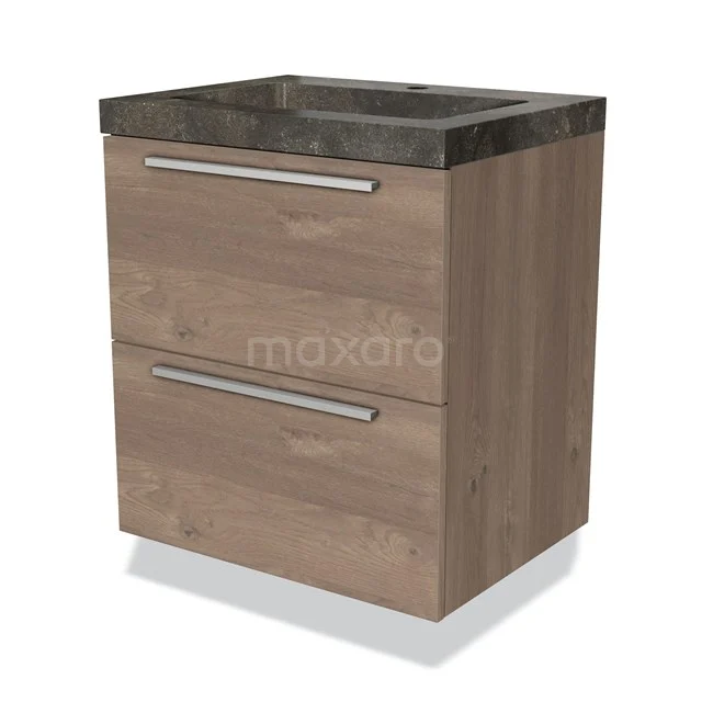 Houten badkamermeubel met 2 lades en een donker stenen wastafel, modern ontwerp in eikenlook.