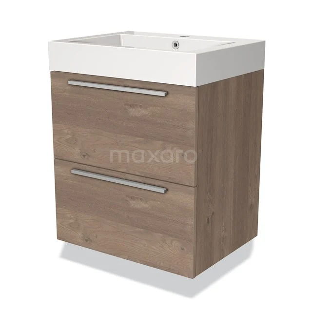 Wooden bathroom unit with two drawers and white sink, compact design, ideal for modern bathroom fittings.