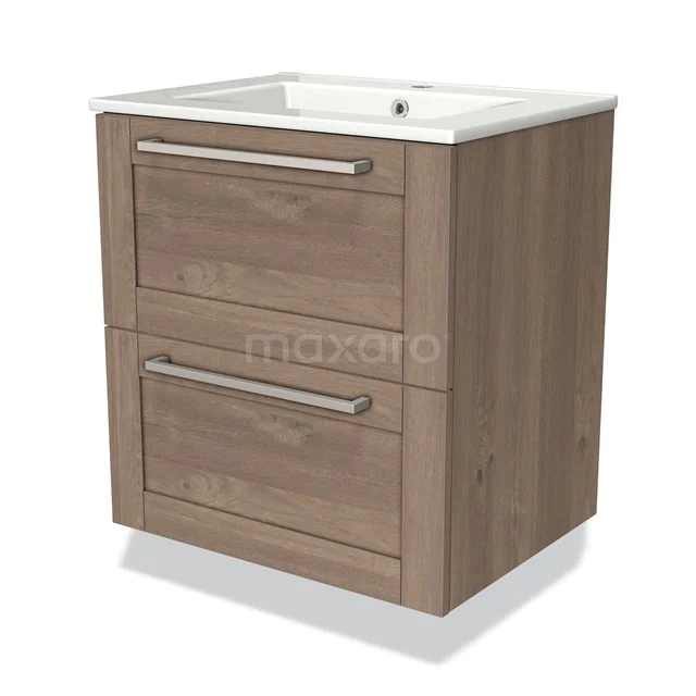 Wooden bathroom unit with two drawers and white vanity units with basin, modern design and soft earth tone, ideal for any bathroom.