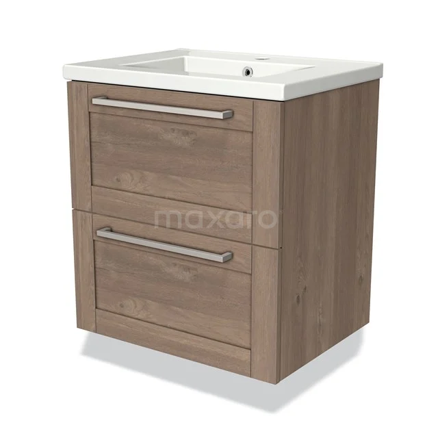 Houten badkamermeubel met twee lades, eikenlook en witte keramische wastafel, strak design voor moderne badkamers.