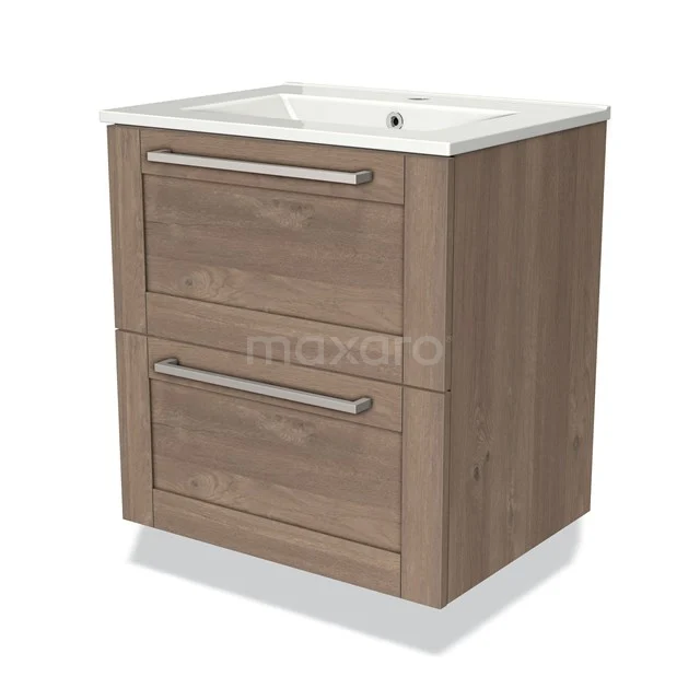 Houten badkamermeubel met twee lades, wit keramische wastafel, modern design, ideaal voor compacte badkamers.
