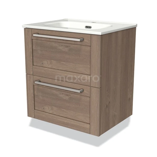 Houten badkamermeubel met twee lades, een witte wastafel en moderne handgrepen; ideaal voor stijlvolle badkameropslag.