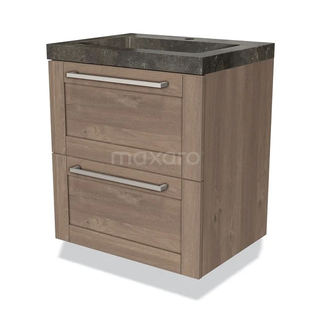 Badkamermeubel houtlook met twee lades en donker marmeren wastafel, compact design voor moderne badkamers.