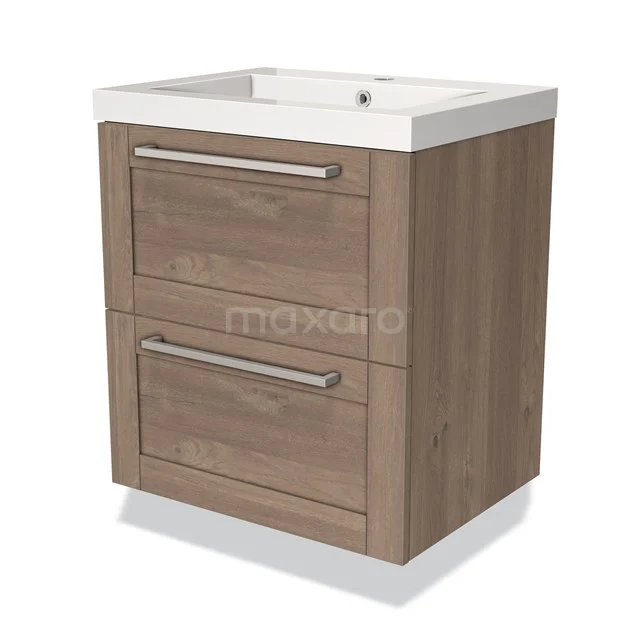 Houten badkamermeubel met 2 lades en een witte wastafel, modern ontwerp en praktische opbergruimte voor de badkamer.