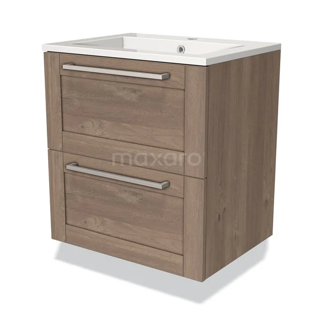 Houten badkamermeubel met witte wastafel, twee lades en modern ontwerp, ideaal voor stijlvolle badkamerinrichting.