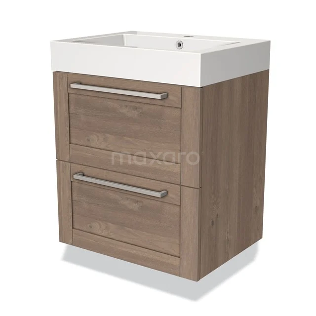 Holz-Badmöbel mit zwei Schubladen und einem weißen Waschbecken, kompaktes Design ideal für ein modernes Badezimmer.