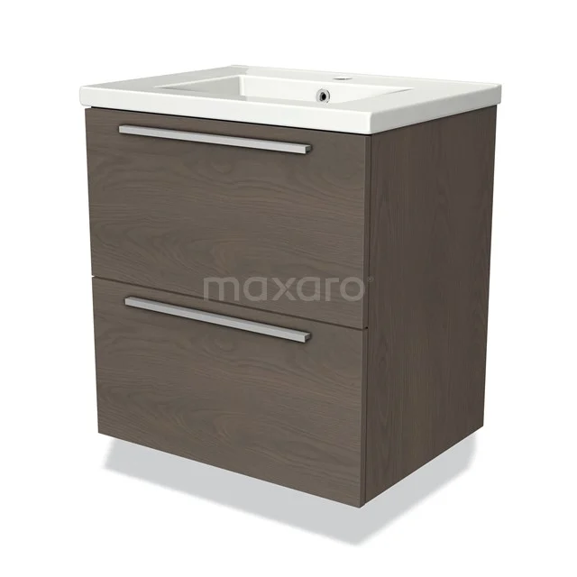 Moderne houten badkamermeubel met donkerbruine afwerking, twee lades, chromen handgrepen en ingebouwde witte wastafel.