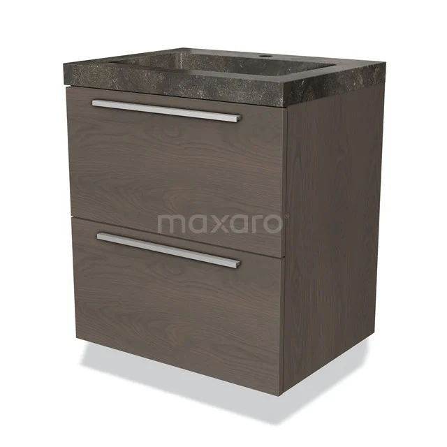Moderne Badschrank mit zwei Schubladen, dunklem Holz und schwarzer Marmoroberfläche, ideal für stilvolle Badezimmerlagerung.