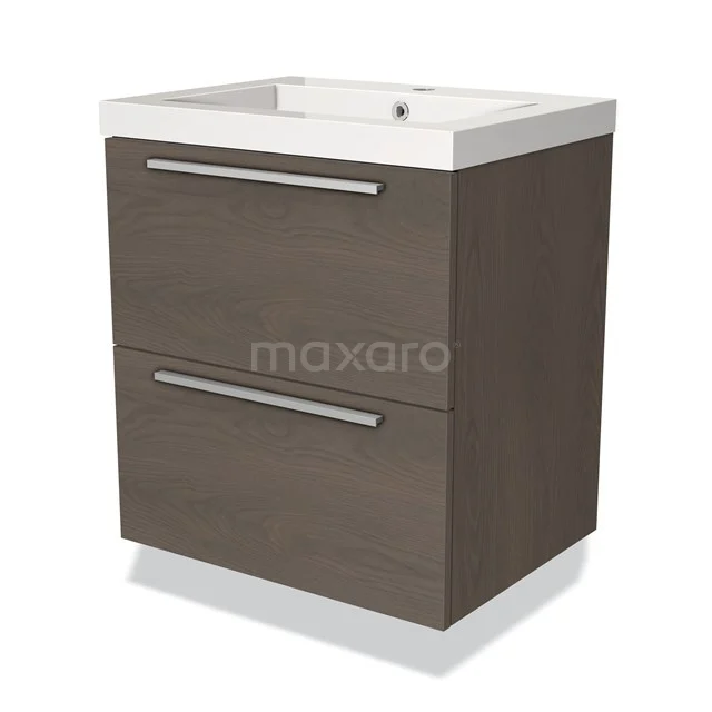 Houten badkamermeubel met lades, donkerbruin fineer, inclusief witte wastafel. Modern design voor een stijlvolle badkamer.