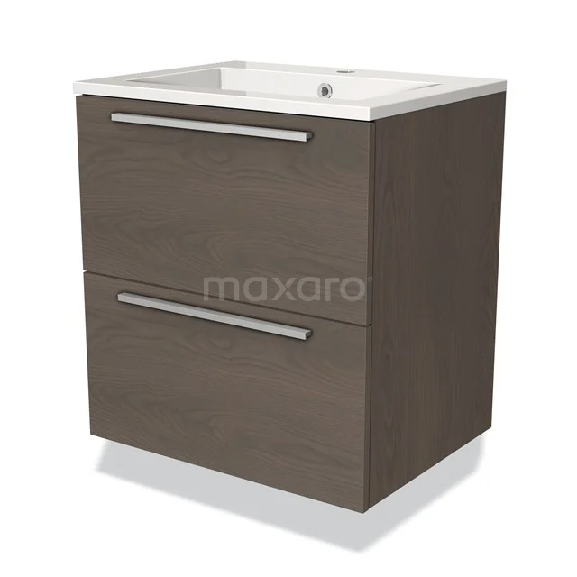 Compact badkamermeubel houtlook met twee lades en keramische wastafel, modern design voor functionele badkamerruimte.