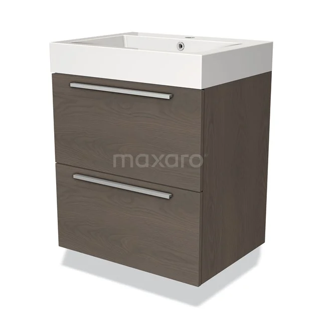 Compacte wastafelmeubel met twee ladekasten in donker houtkleur, perfecte opbergoplossing voor moderne badkamers.