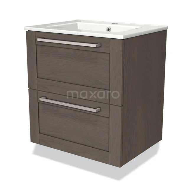 Houten badkamermeubel met ladegreep, 2 lades, donkerbruin, met geïntegreerde wastafel, ideaal voor moderne badkamers.