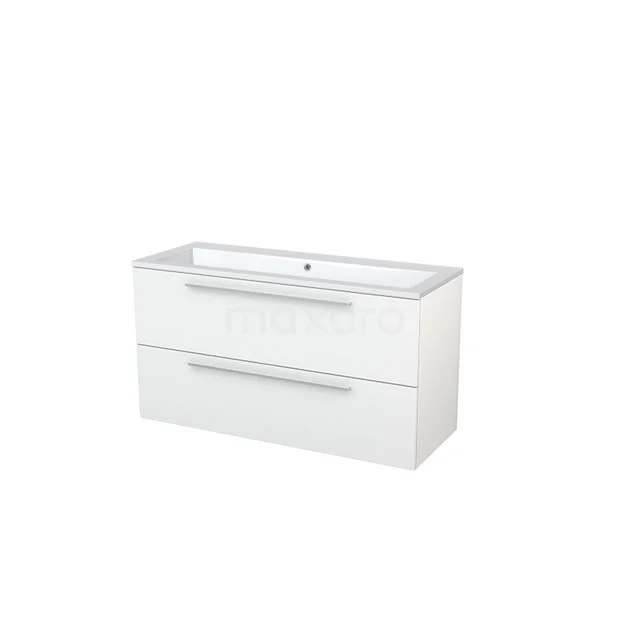 Bathroom unit 120cm Modulo+ High-gloss white 2 Drawers Flat Basin Mineral marble BMP005564 White Bathroom unit with two drawers, sleek aluminium handles and ceramic basin, ideal for modern bathrooms.