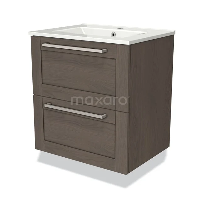 Bruine badkamermeubel met twee lades, chroom handgrepen en keramische wastafel, modern design.
